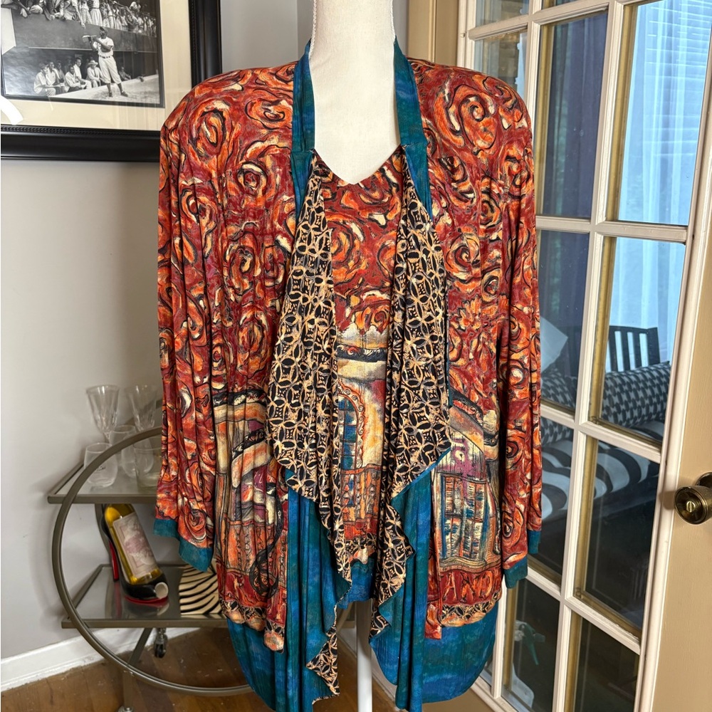 Carole Little Artistic Patterned Cardigan in Orange and Blue